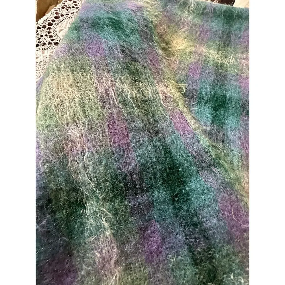 Vintage Neiman Marcus plaid mohair wool throw blanket purple green teal 68x44”